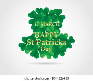 17 MARCH Happy St Patricks Day .  Card design with paper art green shamrock ,white background .Vector