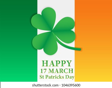 17 MARCH Happy St Patricks Day .  Card design with paper art green shamrock ,green-Orange  background .Vector