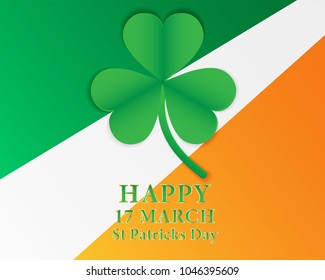 17 MARCH Happy St Patricks Day .  Card design with paper art green shamrock ,green-Orange  background .Vector