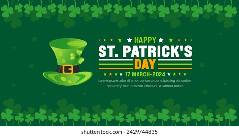 17 March is Happy St. Patrick's day background with green leaves background template. St Patrick day or saint Patrick day banner. use to background,  placard, card, and poster design template.