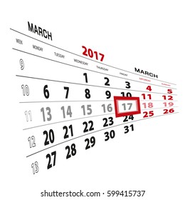 17 March highlighted on calendar 2017. Week starts from Monday. Vector Illustration.