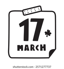 17 March. Paper note. St. Patrick's Day. Outline icon. Vector design. Illustration on white background.