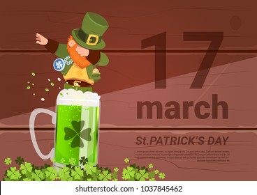 17 March Saint Patricks Day Background With Green Man Leprechaun On Beer Glass Flat Vector Illustration