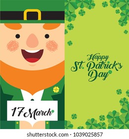 17 march. Saint Patrick's Day template design. Cute Leprechaun with four leaf clovers and paper with text in flat vector illustration.