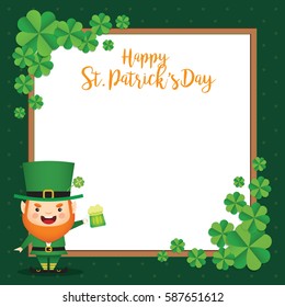 17 march. Saint Patrick's Day template design. Cute Leprechaun holding mug of green beer with clovers and white square frame. Vector illustration.