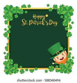 17 march. Saint Patrick's Day template design. Cute Leprechaun with four leaf clovers and golden border green square frame. Vector illustration.