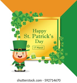 17 march. Saint Patrick's Day template design. Cute Leprechaun holding mug of green beer with clovers and golden square frame, Irish flag colour as background. Vector illustration.