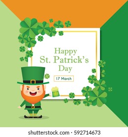 17 march. Saint Patrick's Day template design base on Irish flag colour. Cute Leprechaun holding mug of green beer with clovers and white square frame. Vector illustration.