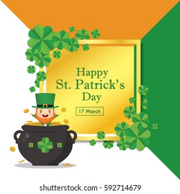 17 march, Saint Patrick's Day template design. Cute Leprechaun with pot of gold coin, clovers and golden square frame, Irish flag colour as background. Vector illustration.