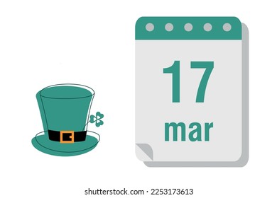 17 March St Patrick day calendar celebration date, green hat, clover, vector calendar icon