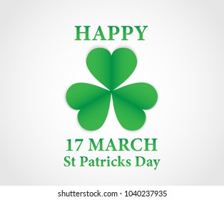 17 MARCH St Patricks Day .  background.  Card design with paper art green shamrock ,white background .Vector