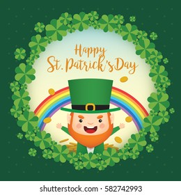 17 march. St. Patrick's Day greeting card template. Cute Leprechaun with rainbow, gold coin and clovers wreath on green polka dot background. Vector illustration.