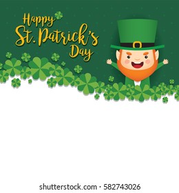 17 march. St. Patrick's Day greeting card template. Cute Leprechaun with clovers on green polka dot background. Vector illustration.