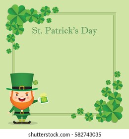 17 march. St. Patrick's Day greeting card template. Cute Leprechaun celebrating Saint Patrick's Day with mug of green beer on green clover background. Vector illustration.