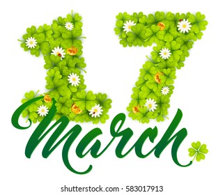 17 march vector date number made from green clovers, golden Irish coins and chamomiles