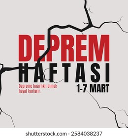 1-7 mart, deprem haftası özel tasarım. Deprem hayat kurtarır. Translation: 1-7 March, earthquake week special design. Earthquake saves lives.