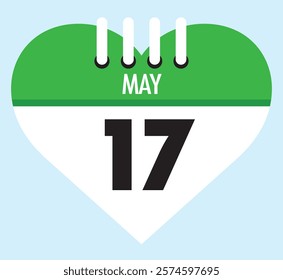 17 May calendar icon green heart shape on light sky blue color background, calendar vector symbol for the month of May.