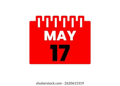 17 maio mês vetor dia único, ilustração, calendário com vermelho, preto e branco ícone de calendário de fundo de cor de 17 de maio