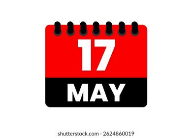 17 maio mês vetor dia único, ilustração, calendário com vermelho, preto e branco ícone de calendário de fundo de cor de 17 de maio