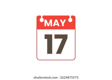 17 maio mês vetor dia único, ilustração, calendário com vermelho, preto e branco ícone de calendário de fundo de cor de 17 de maio