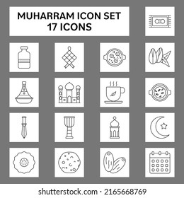 17 Muharram Line Art Icon Set On Grey And White Square Background.