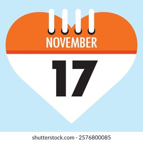 17 November calendar icon orange heart shape on light sky blue color background, calendar vector symbol for the month of November.