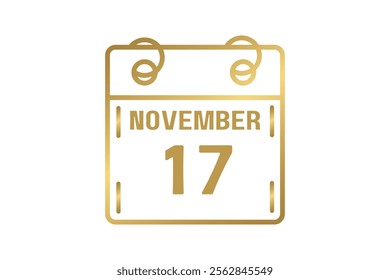 17 November calendar icon text page monthly web design on golden and white background vector, icon, or illustration with the month of November 17