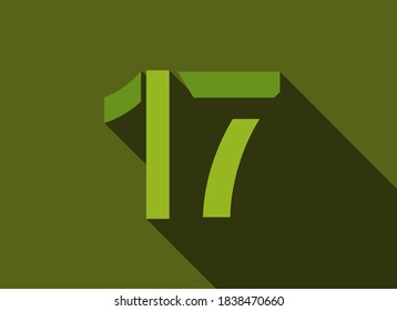 17 Number with long shadow, green colors cutting style. For logo, brand label, design elements, corporate identity, application & more. Vector editable illustration.