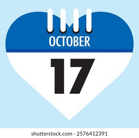 17 October calendar icon blue heart shape on light sky blue color background, calendar vector symbol for the month of October.