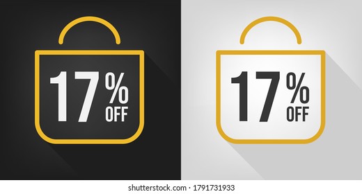 17% off. Black, white and yellow banner with seventeen percent discount. Shopping bag concept vector.