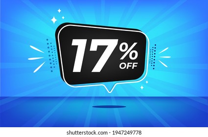 17% off. Blue banner with seventeen percent discount on a black balloon for mega big sales.