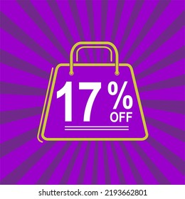 17% de descuento. Banner morado, blanco y amarillo con 17% de descuento. Vector de concepto de bolsa de compras.