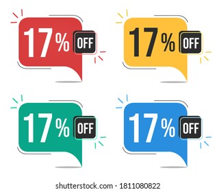 17 % Rabatt. Rote, gelbe, grüne und blaue Marken mit 17 % Rabatt. Banner mit vier bunten Ballons mit speziellen Angeboten Vektorgrafik.