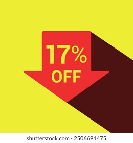 17% off sale arrow tag icons. Seventeen percent off, discount flat arrow icon. Special offer symbol. Yellow and red. Vector illustration.