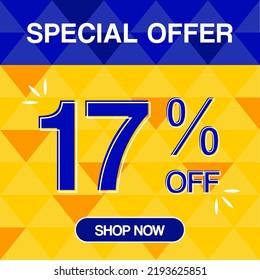 17% percent discount special offer tag orange and blue background shop now