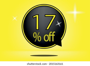 17 percent off black balloon and floating. with yellow background, banner 17% off yellow, shadow