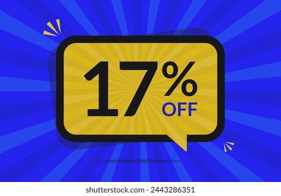 17 percent off. 17% discount. Blue and Yellow banner with floating balloon for promotions and offers.