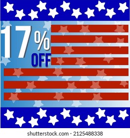 17 percent off discount, red stripes blue lines top and bottom with white stars