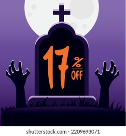 17 percent off. tomb with the phrase "17% off" and with zombie hands coming out of the ground. main color is purple