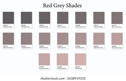 17 Red Grey Shades - 3d Deep Dark Black Red to Light Faded Red Gray Tones - with HEX Codes and Names, Colour Swatches, Scheme and Combinations