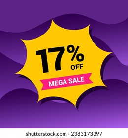 Ilustración vectorial de placa de venta 17% en un fondo degradado morado. Precio del diecisiete por ciento. Amarillo y morado.