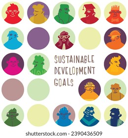 The 17 SDGs people hand drawn round icons vector set  in UN colors. The SDGs are a collection of 17 interlinked objectives