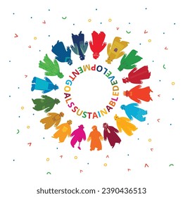 The 17 SDGs people hand drawn icons vector set with titles in UN colors. The SDGs are a collection of 17 interlinked objectives