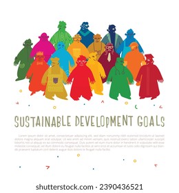 The 17 SDGs people hand drawn vector set with titles in UN colors. The SDGs are a collection of 17 interlinked objectives