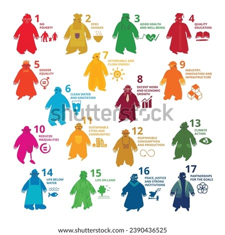 The 17 SDGs people hand drawn icons vector set with titles in UN colors. The SDGs are a collection of 17 interlinked objectives