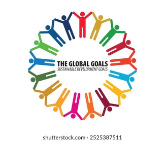 The 17 SDGs stick man community. Support SDG goals. The global goals. 17, sdg, partnership, global, sdgs, business, goals, social, background, community, concept. Vector illustration. 