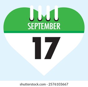 17 September calendar icon green heart shape on light sky blue color background, calendar vector symbol for the month of September.