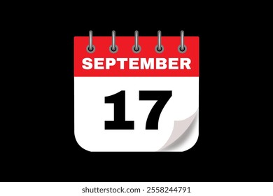 17 September calendar icon text page monthly web design on red, white and black background vector, icon, or illustration with the month of September 17