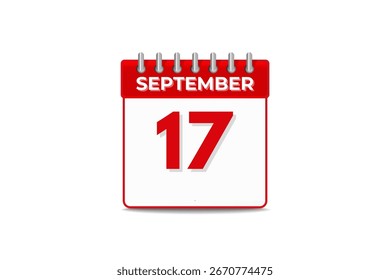 17 setembro mês vetor dia único, ilustração, calendário com preto e branco ícone de calendário de fundo de cor de 17 de setembro
