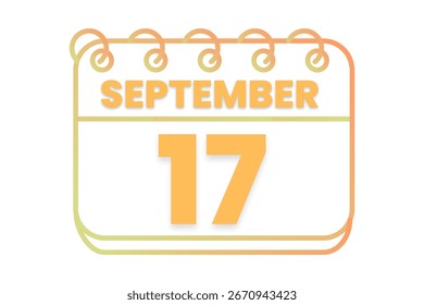17 setembro mês vetor dia único, ilustração, calendário com laranja, amarelo, marrom e branco ícone de calendário de fundo de cor de 17 de setembro